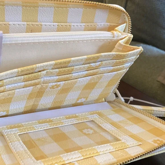 Betsey Johnson Yellow and White Gingham Zip Wallet with Daisies - Picture 8 of 10